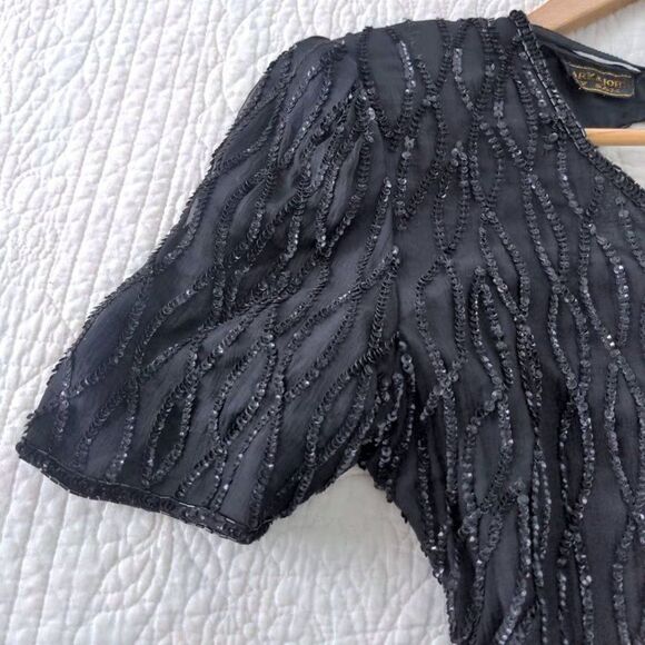 Vintage 1980s Beaded Dress Mark & John by Sam 100% Silk Black Cocktail Medium - Picture 9 of 13